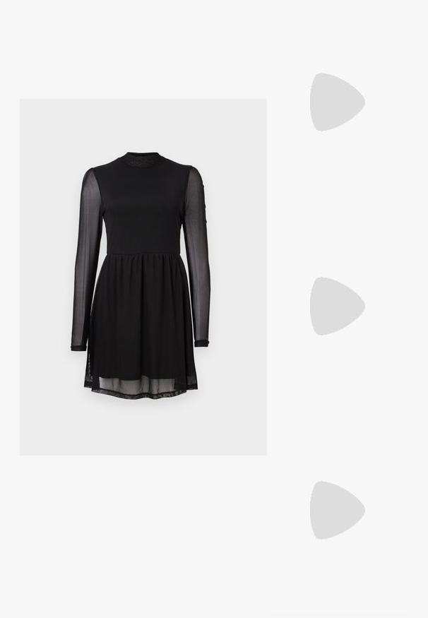 Black dress featuring a fitted bodice, long sheer sleeves, and a flared skirt. The neckline is high and the fabric is smooth with a slight sheen.; Black platform heels with a pointed toe and adjustable ankle strap. Constructed from smooth leather, featuring a chunky block heel.; Black leather handbag with a curved shape, detachable strap, and gold hardware. The bag features a flap with a buckle detail.; Gold-tone ring featuring an organic, twisted design with smooth texture and tapered ends, creating a modern, sculptural appearance.