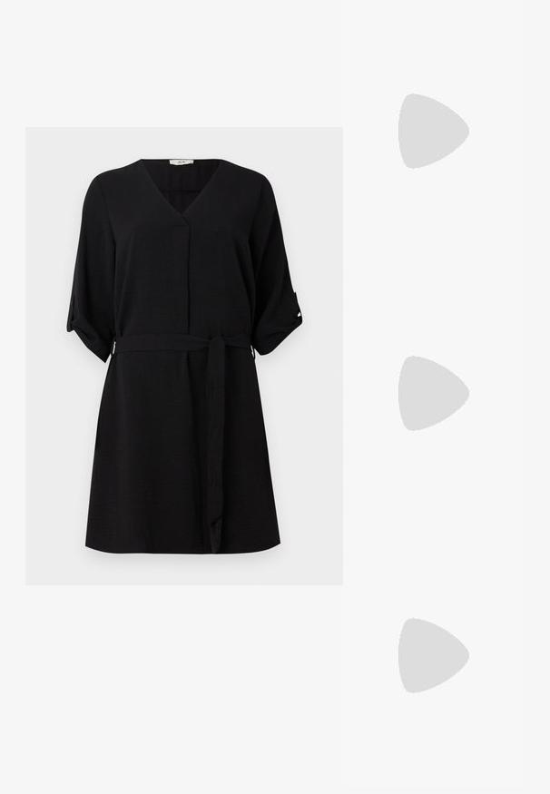 Black dress with a V-neck and short sleeves. Features a tied waist, knee-length cut, and soft, textured fabric. No patterns or accents.; Black patent leather slingback shoe with pointed toe, ankle straps featuring silver buckles and hardware, and a slender heel.; Gold metallic handbag with a structured design, smooth texture, and adjustable strap. Features a unique triangular shape and minimalist stitching.; Gold-tone earrings featuring textured, wavy shapes. Includes sculptural clip-on studs and open hoop design with a hammered finish.