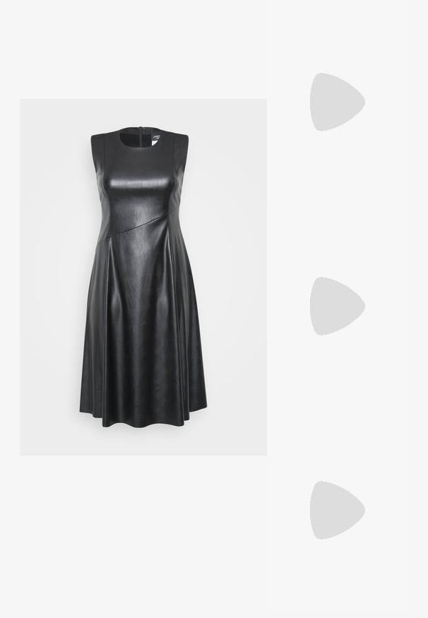 Čierne kožené šaty bez rukávov s okrúhlym výstrihom, A-line siluetou a diagonálnym švom. Zapínanie na zips na chrbte. Hladká textúra.; Čierne kožené baletky, špicatý špička, minimalistický dizajn, hladká textúra, nízky podpätok, bez viditeľných prvkov alebo ozdôb.; Čierna kožená crossbody taška s hladkou textúrou, obdĺžnikovým tvarom a kovovým reťazovým detailom na prednej strane. Súčasťou je nastaviteľný popruh.; Strieborný prsteň s dvojitým pásikom s hladkým, lesklým povrchom. Má plynulý, zakrivený dizajn s prekryvajúcimi sa časťami pre moderný vzhľad.