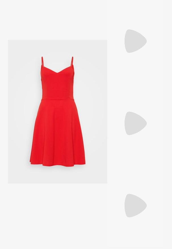 WAL G TALL HALLIE STRAPPY SKATER - Džersio suknelė - red; Juodas lakuotas odinis batelis su smailiu pirštu, kulkšnies dirželiais su sidabrinėmis sagtimis ir detalėmis, bei plonu kulnu.; Juodas odinis krepšys su išlenkta forma, nuimamu dirželiu ir auksiniais detalėmis. Krepšys turi kilpą su sagtimi.; Aukso auskarai su lygiu, blizgiu paviršiumi. Apvalus dizainas su maža užrakto dalimi ir skaidria atrama saugiam nešiojimui.
