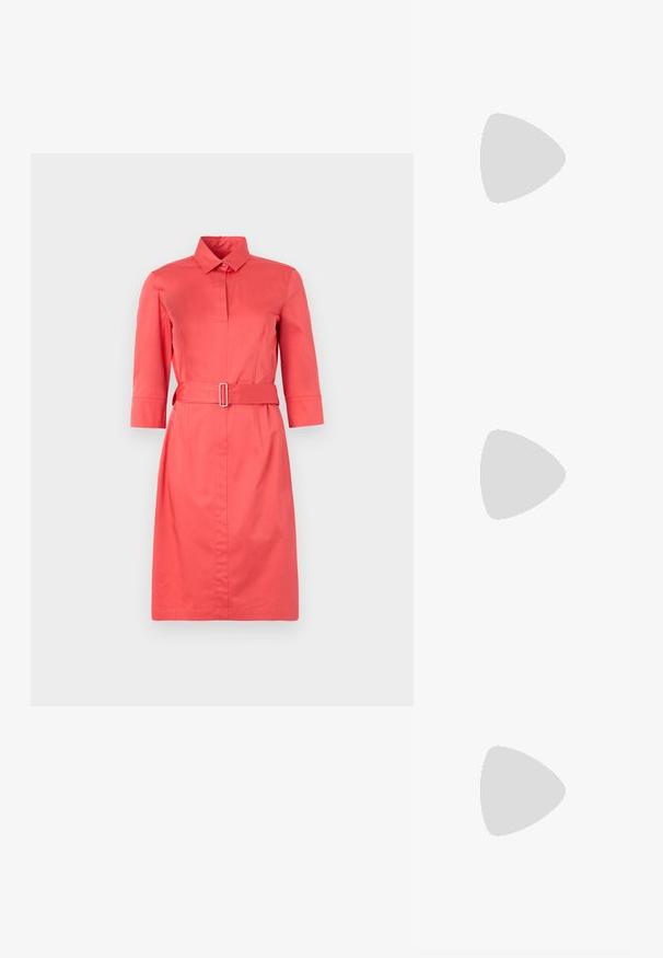Coral-colored shirt dress with a collared neckline, three-quarter sleeves, a belted waist, and button detail down the front. Smooth texture.; Black high-heeled sandals feature thin straps with a knotted design, a smooth square toe, and a sleek stiletto heel.; Light gray metallic handbag featuring a chain strap, embellished with small circular metallic studs and a triangular brand logo.; Silver hoop earrings with a smooth, shiny finish. Rounded shape, lightweight design, featuring a post-back closure.