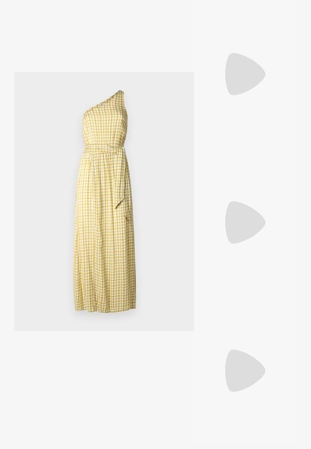 Gul rutet maxikjole med én skulder og belte i midjen, side lommer og flytende stoff, med et rutemønster gjennom hele.; Svart høyhalset skjorte laget av elastisk stoff. Den har lange ermer, en tettsittende design og en glatt tekstur uten mønstre eller utsmykninger.; Beige høye duk-sneakers med rød stripe, hvit gummiksole og metalløyer, med ikonisk stjerne logo på siden.; Sorte plast-solbriller med grønne linser, firkantede rammer, sølvdetalje på brynene, og teksturerte stangarmen. Angitt merke på indre arm.