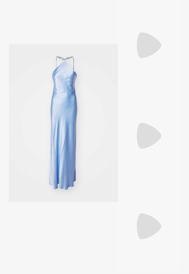 STAUD CADENCE DRESS - Occasion wear - azure; Black patent slingback heel with a pointed toe, featuring textured snake print, adjustable strap, and a short, textured block heel.; Black leather crossbody bag with two front pockets, gold buckles, zipper closure, and a slim strap. Textured surface and compact rectangular shape.; Lauren Ralph Lauren BASIC SMALL HOOP - Earrings - gold-coloured