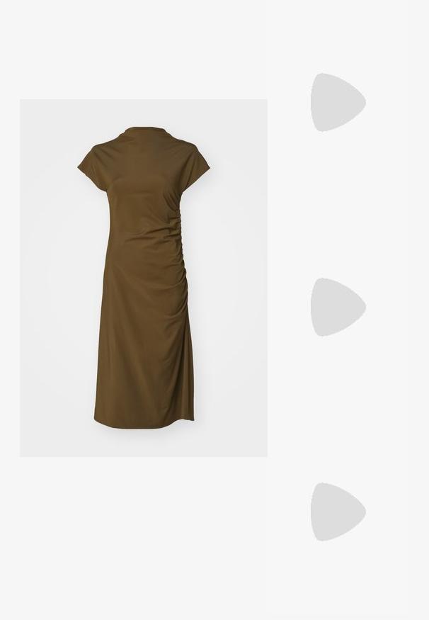 Tiger of Sweden ALIZ - Jersey dress - october sage; Filippa K REY FLAT - Ballet pumps - black; Black leather bucket bag with a textured finish, gold hardware accents, and an open top. Features a short handle and adjustable shoulder strap.; Lauren Ralph Lauren KNOT STUD - Earrings - gold-coloured