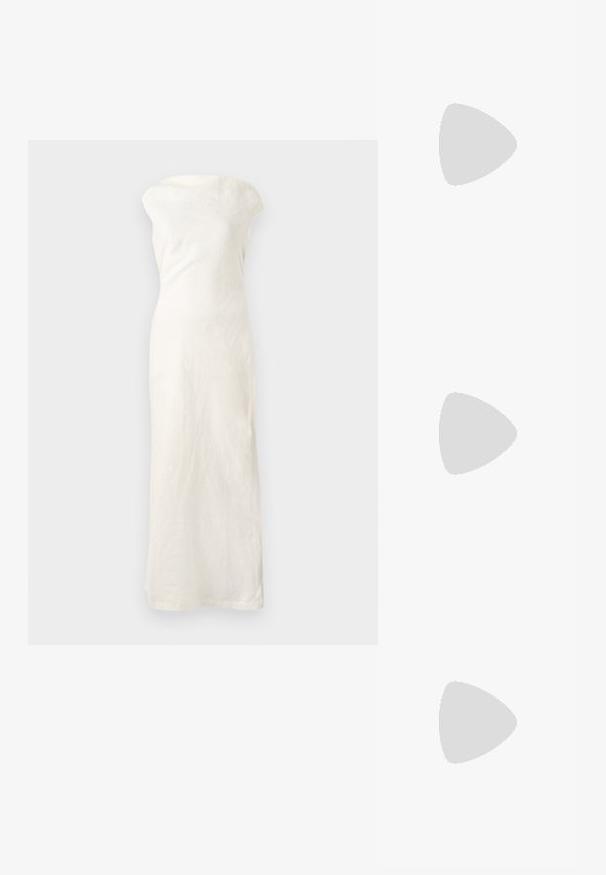 White linen maxi dress with an off-the-shoulder neckline, fitted silhouette, and straight hem. Features a textured fabric for added detail.; Stuart Weitzman EVA SLINGBACK - Classic heels - black; Black leather handbag with a structured design, silver chain strap, and a prominent metallic logo on the front. Smooth texture.; Gold-tone drop earrings featuring three white pearls and a clear teardrop crystal at the bottom, displayed against a neutral background.