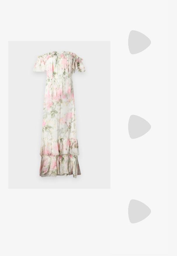 Rochie maxi florală cu volane off-shoulder. Confectionată dintr-un material ușor, având flori roz și verzi, talie ajustabilă cu șnur și tiv în straturi.; Adidași din piele albă, design de tip low-top, cu o textură netedă, vârf rotund, față șiretată și un mic logo brodat pe lateral.; Geantă din piele neagră în formă de jumătate de lună, cu accente din metal auriu, având un închidere cu fermoar. Purtați-o în diagonală peste un pulover gri.; Cercei cu tija aurie, cu un design răsucit. Fiecare cercel are un fundal circular transparent pentru o purtare sigură.