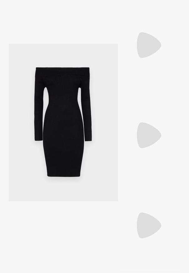 Juoda, raštuota, bepečių megztinė su ilgomis rankovėmis ir prigludusia silueto forma, siekianti vidurinę šlaunies dalį.; Juodos aukštakulnės šlepetės su keliais perrištomis juostelėmis. Lygi medžiaga, smailas nosis ir siauras kulnas. Reguliuojama kulkšnies juostelė su sagtimi.; Juodas odinis dėkliukas su atvarteliu ir auksinės metalinės sagties detalėmis. Įeina juodas diržas ir elegantiškas, minimalistinis dizainas.; Sidabriniai auskarai žiedai su sukto dizaino, turintys poliruotą apdailą ir fiksavimo smeigtuką. Skersmuo maždaug 3 cm.