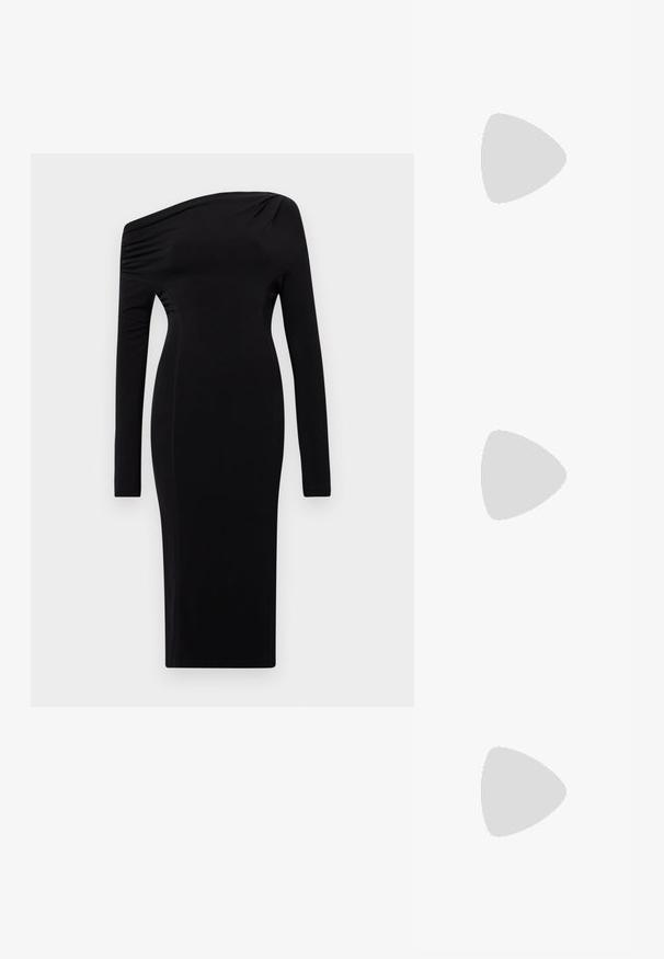 Rochie neagră cu mânecă lungă, cu design pe o umăr. Fabricată dintr-un material neted, cu o formă ajustată, prezentând un ușor volan la umăr.; Pantofii slingback din piele neagră, cu vârful ascuțit, curele decorative cu ochiuri din metal și toc bloc mic. Suprafață texturată.; Geantă crossbody din piele texturată maro, cu curea din lanț aurit și închidere cu clapetă. Partea din față prezintă detalii cu logo și o buzunar sub clapetă.; Lacate în formă de inimă, argintii, cu inscripții gravate "DA" și "NU", finisaj lustruit, design simetric și un închizător robust din metal.