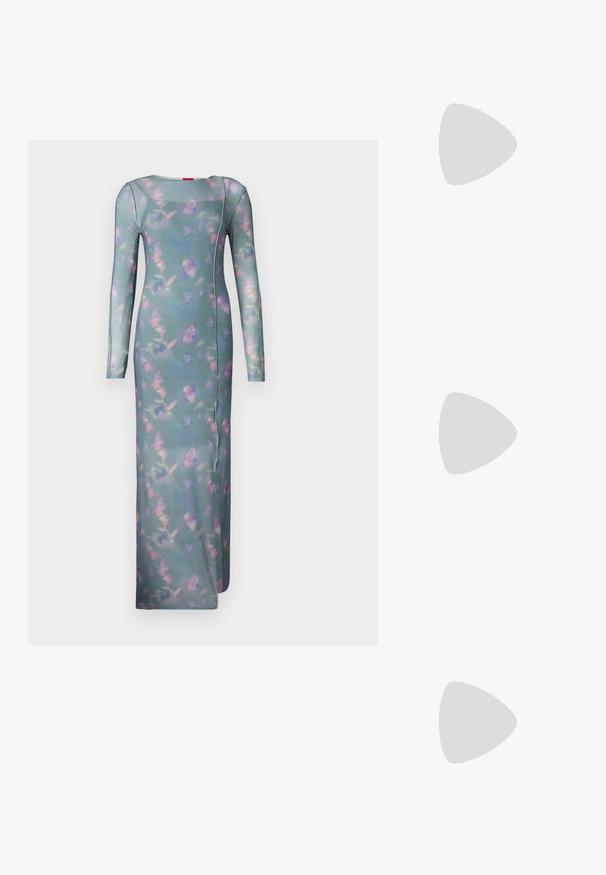 Long-sleeve, fitted dress in sheer teal fabric with a floral pattern in pink and purple. Features a crew neckline and side seams.; Black high-heeled sandals feature thin straps with a knotted design, a smooth square toe, and a sleek stiletto heel.; Light gray metallic handbag featuring a chain strap, embellished with small circular metallic studs and a triangular brand logo.; Silver hoop earrings with a smooth, shiny finish. Rounded shape, lightweight design, featuring a post-back closure.