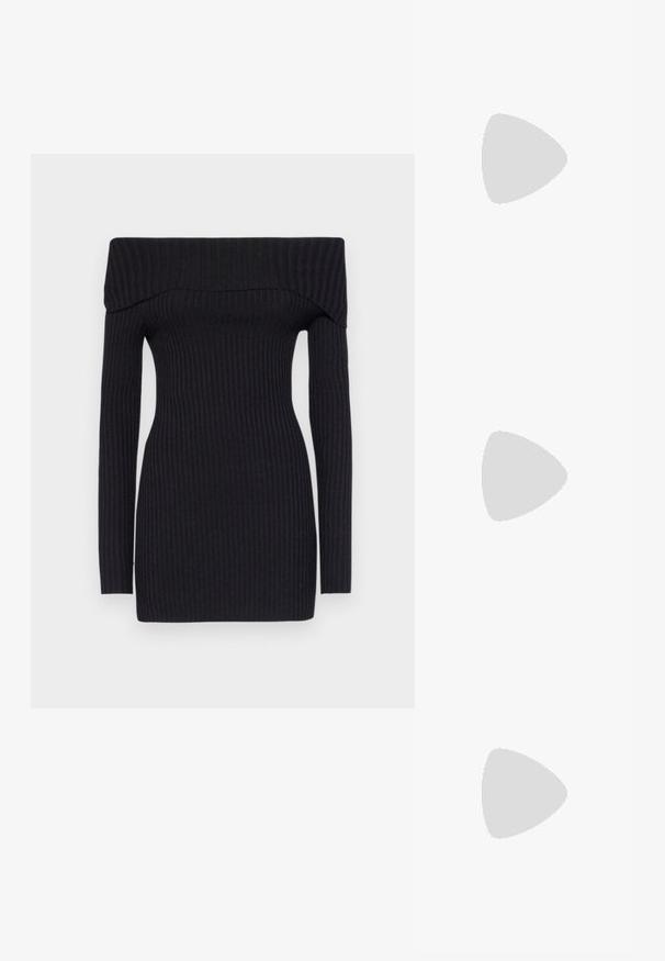 Ribbet svart avlastet kjole med lange ermer. Stram silhuett, midt-lår lengde, laget av et stretchy materiale. Glatt tekstur.; Knæhøye beige semskede støvler med blokkurs, med stikningsdetaljer og en strømlinjeformet silhuett for et moderne utseende.; Svart lær crossover veske med sølvkjede skulderrem, med glidelås og dekorativ vingedetalj foran.; Sølv hoop-øreringer med rektangulære og trekantede klare krystaller arrangert i et sirkulært mønster med en sentral stift for festing.