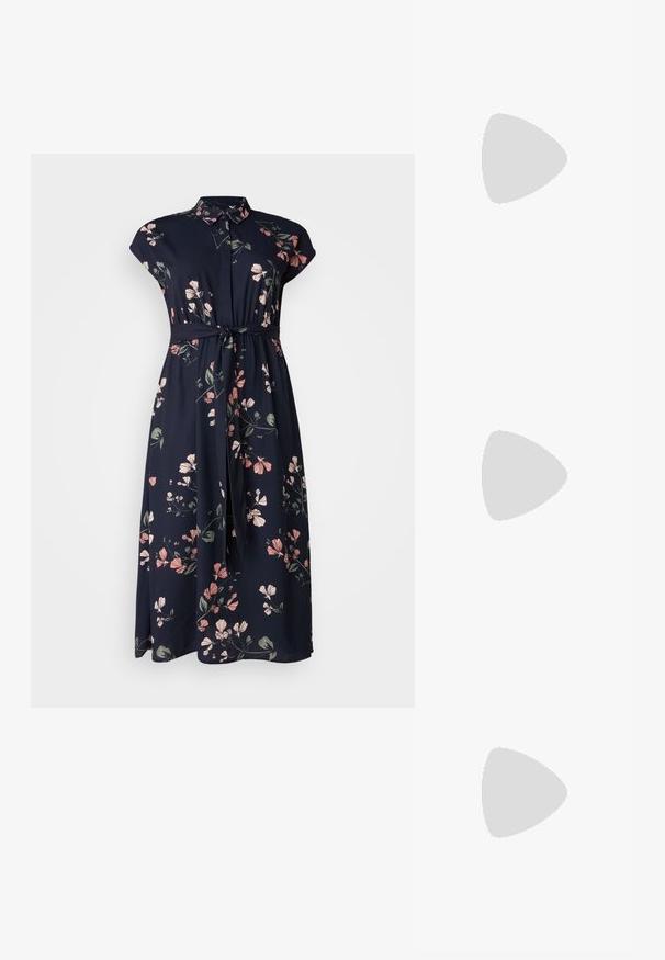 Rochie bleumarin cu flori, cu mâneci scurte, guler cu nasturi, curea la talie și modele de flori roz deschis și verzi pe întreaga suprafață. Material moale.; Pantofi cu toc slingback din piele lacuită neagră, cu vârf ascuțit și toc geometric. Prezintă un design elegant, minimalist și o textură netedă.; Geantă din piele neagră, cu o formă curbată, curea detașabilă și accesorii aurii. Geanta are un capac cu un detaliu tip cataramă.; Inel din argint cu două benzi, având o suprafață netedă și lustruită. Prezintă un design fluid, curbat, cu secțiuni suprapuse pentru un aspect modern.