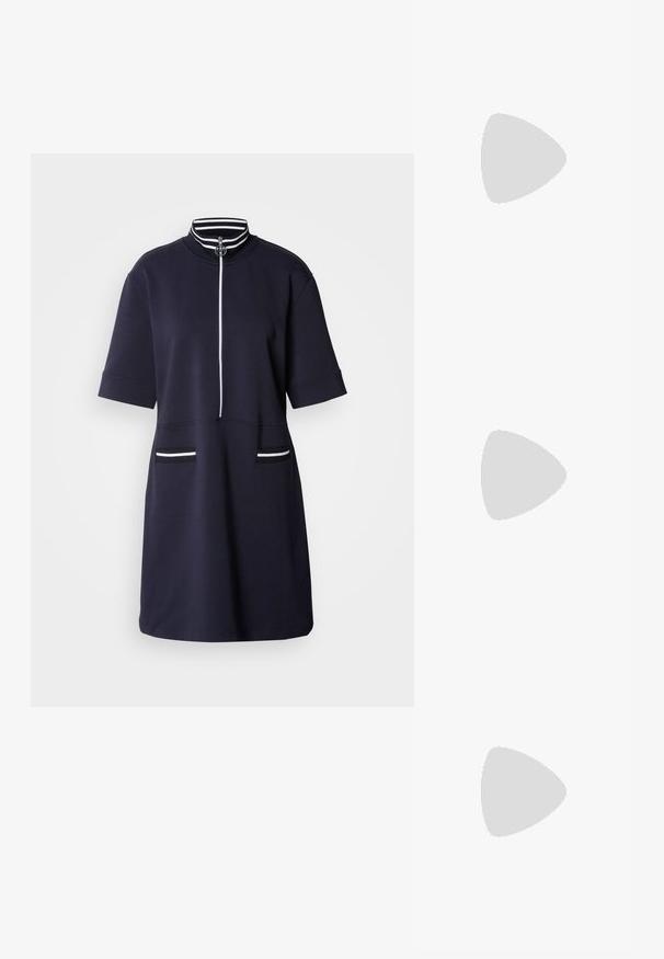 Navy short-sleeve dress with a high collar and front zipper. Features white striped accents on the collar and two front pockets.; Black leather slingback shoe with pointed toe, slender heel, and gold-tone hardware accent on the vamp. Smooth texture and structured design.; White leather handbag with a curved shape, featuring an embossed "CK" logo on the front and a single shoulder strap. Zipper closure at top.; Silver metal hoop earrings with a smooth, shiny surface and a structured, rounded design. Features a hinged clasp for secure wear.