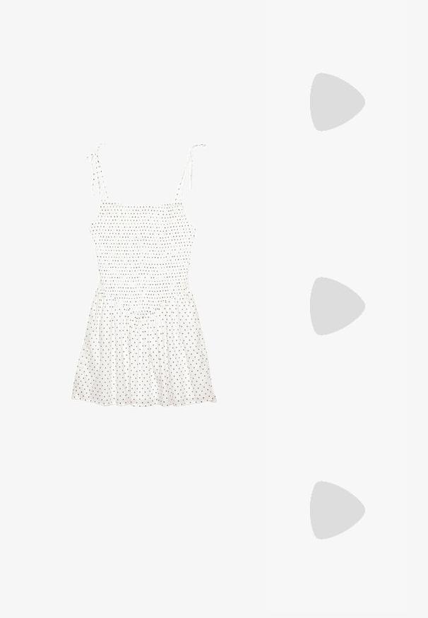 Robe blanche à pois marron, corsage smocké et bretelles ajustables. Jupe évasée. Fabriquée en tissu léger.; Sabots en imprimé léopard avec une texture pelucheuse et des semelles en plateforme noires, assortis à une jupe en imprimé léopard.; Lunettes de soleil style œil de chat avec une monture en écaille de tortue noire et orange, verres marron et pointes effilées et élégantes. Présente un logo minimaliste sur la branche.; Sac hobo en cuir bordeaux avec une poignée courbée et un corps doux et texturé. Il dispose d'une fermeture éclair et de coutures minimalistes.; Deux bandeaux à pois : l'un est blanc avec des pois noirs, et l'autre est noir avec des pois blancs ; texture lisse et design arrondi.