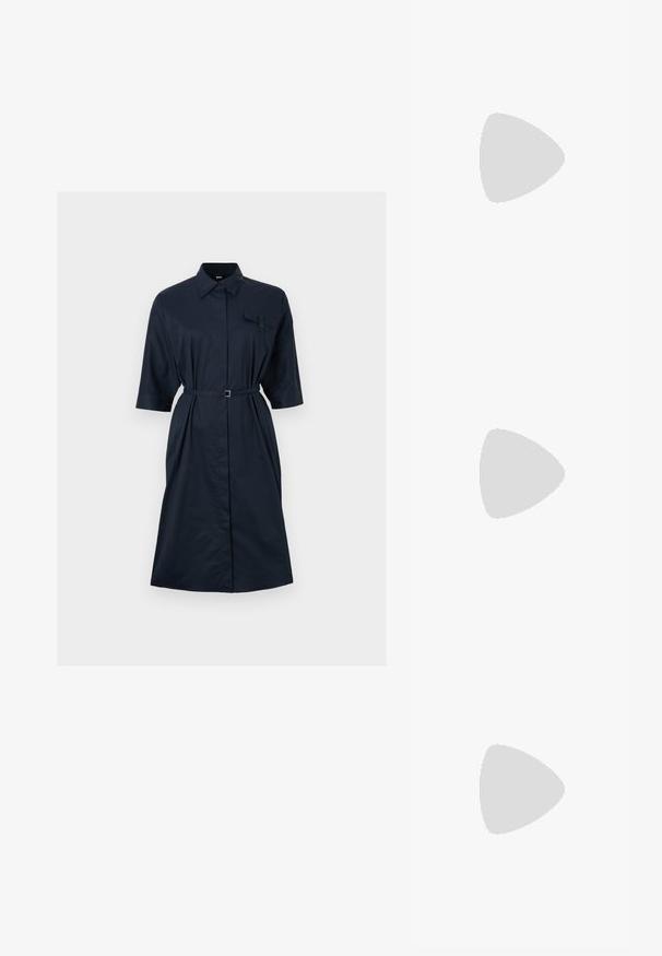 Navy blue belted dress with a button-down collar, short sleeves, and a chest pocket. Made of smooth material with a straight silhouette.; Black high-heeled sandals feature thin straps with a knotted design, a smooth square toe, and a sleek stiletto heel.; Light gray metallic handbag featuring a chain strap, embellished with small circular metallic studs and a triangular brand logo.; Silver hoop earrings with a smooth, shiny finish. Rounded shape, lightweight design, featuring a post-back closure.