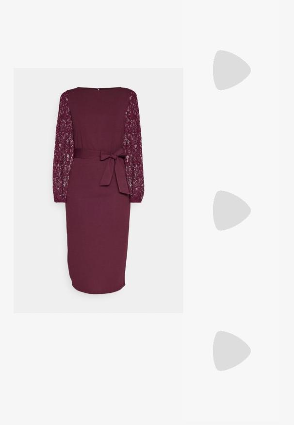 Burgundska haljina s čipkastim dugim rukavima, prilagođenim korzetom i remenom u struku. Dužine do koljena s okruglim izrezom i zatvaračem na leđima.; Crne lakirane slingback potpetice s oštrim prstom i malom blok petom, s naglaskom na srebrnoj kopči na remenu.; Crna kožna torba s lukovitim oblikom, odvojivim remenom i zlatnim detaljima. Torba ima preklop s kopčom.; Tri para naušnica: velike bijele biserne naušnice, zlatne kružne naušnice s prozirnim draguljima i dva duga, ravna zlatna naglasna naušnica s sjajnim detaljima.