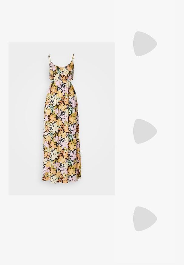 Abito maxi floreale con spalline sottili; presenta una base nera con fiori multicolori in giallo, rosa e verde. Tessuto morbido e fluido.; Sandalo nero con cinturini, dalla punta squadrata e tacco basso a blocco. Presenta diversi cinturini sottili e una cinturini regolabile alla caviglia. Realizzato in pelle liscia.; Borsa tote in pelle nera con texture liscia, forma strutturata, due manici e un evidente dettaglio in fibbia argentata sul davanti.; Anello doppio in argento con superficie liscia e lucida. Presenta un design fluido e curvo con sezioni sovrapposte per un aspetto moderno.; Anello doppio in argento con superficie liscia e lucida. Presenta un design fluido e curvo con sezioni sovrapposte per un aspetto moderno.