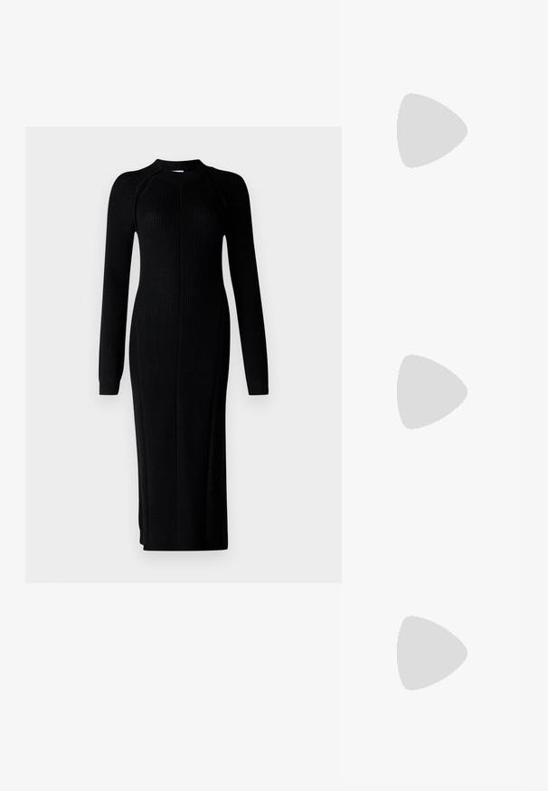 Patrizia Pepe DRESS - Strickkleid - nero; Schwarzer spitz zulaufender Slingback-Schuh mit niedrigem Absatz, der aus glattem Leder gefertigt ist und seitliche Ausschnitte für Atmungsaktivität aufweist.; Schwarze Handtasche mit zwei kurzen, doppelt geflochtenen Griffen und einem abnehmbaren Schulterriemen. Glattes, lederähnliches Material mit einem Reißverschluss und Logodetail.; Silberne Creolen mit einem glatten, geschwungenen Design. Mit einem glänzenden metallischen Finish und Steckverschluss. Keine sichtbaren Muster oder Akzente.