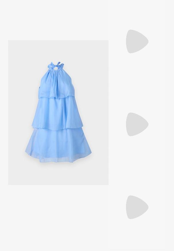 Light blue halter dress features three layered tiers, soft fabric with a flowy texture, and a gathered neckline with a tie detail.; Even&Odd by Zalando Classic heels - patent/offwhite; Even&Odd by Zalando Handbag - off-white; Pilgrim EARRINGS ZION - Earrings - gold-coloured