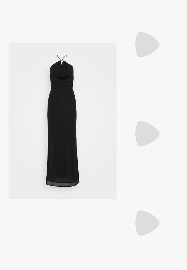 Must muströöd, millel on kaelas õmmeldud ja voolav kehaosa. Sile kangas, sobiv siluett ja voolav seelik, millel on läbipaistev äär.; Mustad nahast slingback kingad terava nina ja hõbedaste detailidega, madala plokkn红黑大战. Ühtlane, läikiv tekstuur kogu ulatuses.; Must mustrikk kott, millel on struktureeritud kuju, kullatud nupukestega ääristel ja eemaldatava rihmaga, millel on kullatud detailid.; Hõbedased ripatsid, millel on ruudukujuline studs, siledat ja poleeritud viimistlust ning pisarakuju, peegeldades valgust läikiva pinnaga.