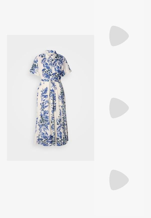 Vestido com padrão floral em azul e branco. Apresenta um colarinho, mangas curtas, um cinto na cintura e uma saia de comprimento total.; Bota de cowboy em couro cáqui com bico pontiagudo, padrões de bordado em espiral no cano e um salto em bloco empilhado. Inclui uma alça para fácil calçar.; Saco hobo de couro preto com uma única alça suave e arredondada; apresenta uma textura suave e um design minimalista. Sem hardware ou acabamentos visíveis.; Brincos de argola dourados com um formato irregular e texturizado. Apresentam um fecho sem emenda e um acabamento polido, destacando um design moderno.