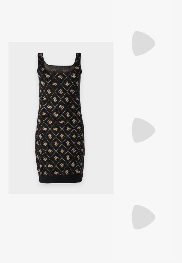 Black sleeveless dress featuring a diamond pattern with gold accents. It has a square neckline and a fitted silhouette, made of soft fabric.; Black high-heeled sandals feature thin straps with a knotted design, a smooth square toe, and a sleek stiletto heel.; Light gray metallic handbag featuring a chain strap, embellished with small circular metallic studs and a triangular brand logo.; Silver hoop earrings with a smooth, shiny finish. Rounded shape, lightweight design, featuring a post-back closure.