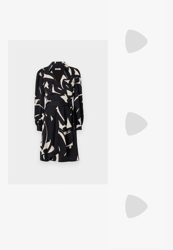 Black wrap dress featuring a contrasting cream abstract pattern, long sleeves, button front, two chest pockets, and a self-tie belt.; Black high-heeled sandals feature thin straps with a knotted design, a smooth square toe, and a sleek stiletto heel.; Light gray metallic handbag featuring a chain strap, embellished with small circular metallic studs and a triangular brand logo.; Silver hoop earrings with a smooth, shiny finish. Rounded shape, lightweight design, featuring a post-back closure.