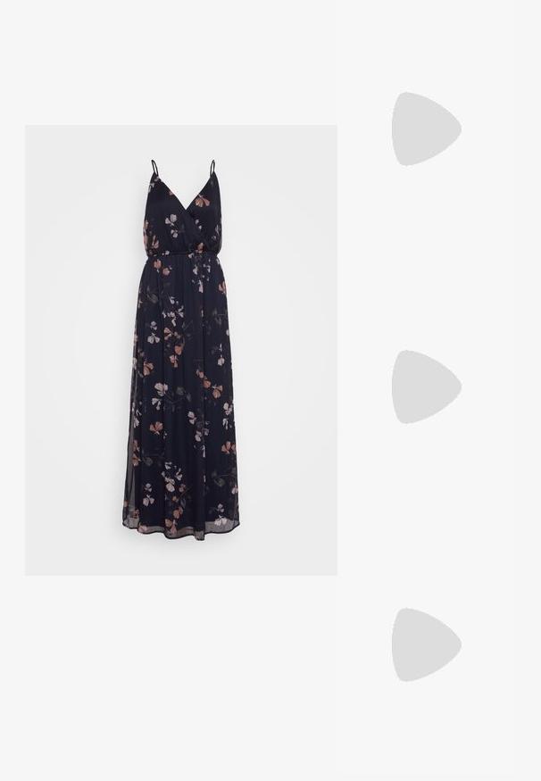 Rochie maxi de un albastru închis cu imprimeu floral în roz și alb. Are bretele subțiri și un bust strâns cu o fustă lejeră.; Pantofi cu toc slingback din piele lacuită neagră, cu vârf ascuțit și toc geometric. Prezintă un design elegant, minimalist și o textură netedă.; Geantă din piele neagră, cu o formă curbată, curea detașabilă și accesorii aurii. Geanta are un capac cu un detaliu tip cataramă.; Cercei aurii cu forme texturate și ondulate. Include studs sculpturale cu clip și un design de cerc deschis cu un finisaj cioplit.