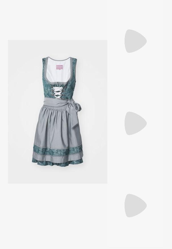 Krüger Dirndl Dirndl-kleit - light blue; Beežist lakitud nahast slingback kontsad terava nina ja peene ruudukujulise kontsaga. Sile tekstuur ja minimalistlik disain ilma kaunistusteta.; Valge nahast käekott struktureeritud disainiga, millel on magnetlukk ja õlavarre rihm, esitletud neutraalse tausta ees.; Hõbedased südamekujulised kõrvarõngad on kaunistatud lõhikute ja selgete kividega ning neil on tekstureeritud raam. Komplekti kuuluvad kõrvarõngad nupud ja rippuvad mudelid.