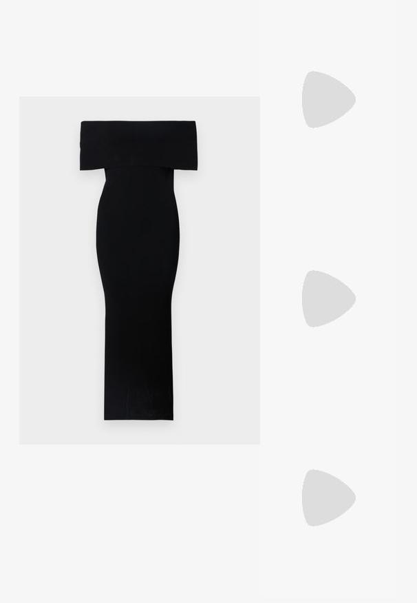 Black off-the-shoulder fitted dress made from stretch fabric. Floor-length design with a smooth texture and minimal detailing.; Black patent slingback heel with a pointed toe, featuring textured snake print, adjustable strap, and a short, textured block heel.; Black leather crossbody bag with two front pockets, gold buckles, zipper closure, and a slim strap. Textured surface and compact rectangular shape.; Gold-tone metal hoop earrings with a curved, elongated shape. Features a smooth, shiny surface and a rounded tip for added detail.