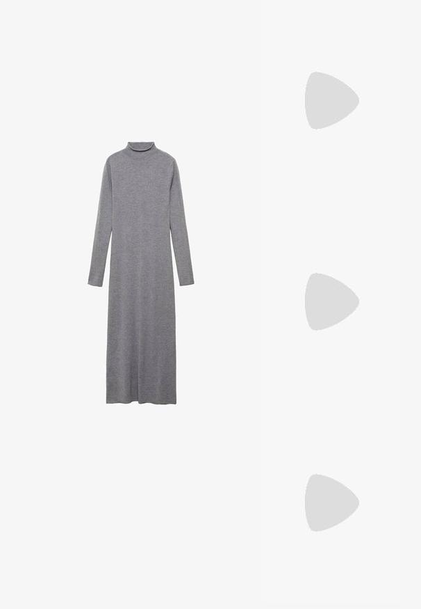 Abito a maniche lunghe e collo alto di un grigio medio, realizzato in un morbido tessuto a maglia. Arriva fino alle caviglie con una silhouette dritta e senza hardware visibile.; Sneakers in suede beige con strisce in pelle nera, lacci bianchi e suole in gomma arancione. Presentano il marchio "adidas" e "Spezial" sulla linguetta.; Occhiali da sole a forma di gatto con montatura in plastica nera opaca, lenti scure e un'accensione con logo dorato sulla stanghetta. Design angolare e superficie liscia.; Borsa a tracolla in pelle marrone con motivo logo, tracolla in catena dorata, chiusura con zip e dettagli in metallo dorato. Forma compatta e rettangolare.