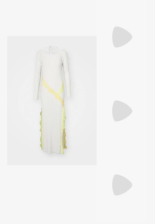 Long ribbed dress in white with long sleeves, featuring yellow lace accents and side slits. Square neckline and a fitted silhouette.; Black pointy-toed slingback shoe with a low heel, featuring smooth leather material and cut-out design on the side for breathability.; Black leather shoulder bag with a curved shape, zip closure, and adjustable strap. Features embossed brand logo on the front.; Three metal rings: one rose gold, one gold with textured accents, and one silver, all with engraved branding on the inner band.