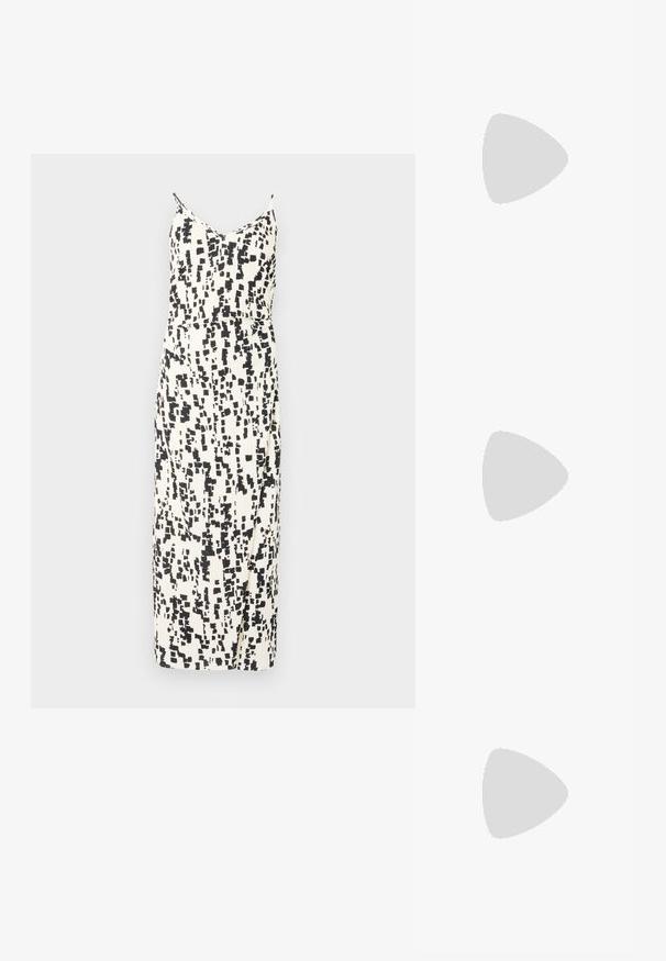 Αμάνικο φόρεμα σε κρεμ χρώμα με μαύρο αφηρημένο σχέδιο, διαθέτοντας εφαρμοστή μέση, ίσια σιλουέτα και ποδόγυρο μέσου μήκους.; Άσπρο κοντομάνικο μπλουζάκι φτιαγμένο από ριγέ ύφασμα. Στρογγυλή λαιμόκοψ�η, κανονική εφαρμογή και διακριτές λεπτομέρειες ραφής. Χωρίς σχέδια ή γραφικά.; Μαύρο δερμάτινο μπαλαρίνι με στρογγυλή μύτη, λεία υφή, ελάχιστες λεπτομέρειες ραφής και σχεδίαση ευέλικτης σόλας.; Καφέ δερμάτινη τσάντα χειρός με κλείσιμο καπάκι, χρυσές λεπτομέρειες, ιμάντα ώμου και λεία υφή. Συμπαγές ορθογώνιο σχήμα.