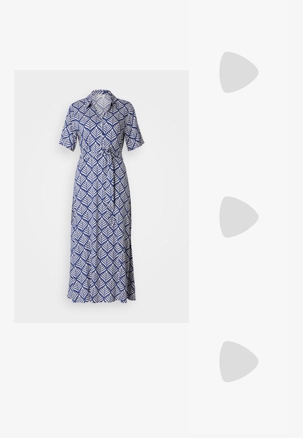Short-sleeve dress in navy blue with white leaf pattern, features a collared neckline and a tied waist, with a flowy, knee-length skirt.; White slingback heel with a pointed toe, smooth upper material, low block heel, and side cut-out design with adjustable buckle strap.; Round sunglasses with dark lenses and gold frames. The model wears a light blue, ribbed cardigan with buttons and contrast white sleeves.; Michael Kors wristlet in beige coated canvas featuring a repeating MK logo pattern, gold hardware, and a detachable chain strap.