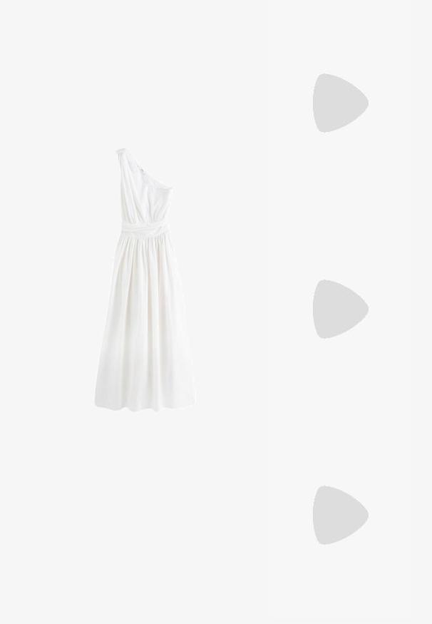 Next PREMIUM ONE SHOULDER REGULAR FIT - Maksimekko - white; Hopeakylkinen korkokenkä, jossa on terävä kärki, metallinhohtoinen viimeistely, kaksi koristeellista nauhaa ja hoikka korko mustalla kärjellä.; Silmät ovalit metalliväriset hopeakehyksiset, kirkkailla linsseillä ja tekstuurilla varustetuilla helmille. Kevyt muotoilu kaarevilla varsilla.; Setti 16 hopea-asketta, joissa on erilaisia tekstuureja, mukaan lukien sileät, kierretyt ja helmikuvioiset, järjestetty neljään riviin valkoisella taustalla.