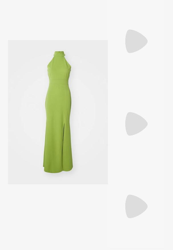 WAL G. Svečana odjeća - dark olive green; Crne lakirane kožne sandale s visokom potpeticom, s tri horizontalne trake i podesivom trakicom oko gležnja. Elegantan oblik i sjajan završni sloj.; Srebrna mrežasta clutch torba s teksturiranim, tkanim dizajnom, koja ima preklopni poklopac i uklonjivu lančanu naramenicu za nošenje.; Naušnice s kristalnim kapljicama i srebrnim hardverom, s kvadratnom studom i kaskadnim redovima pravokutnih i oktagonalnih kristala.