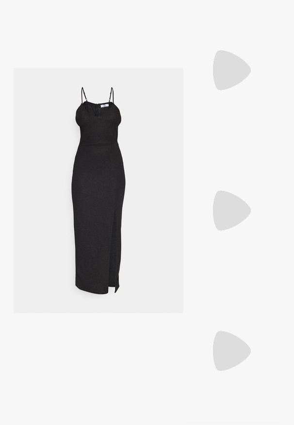 Crna maksi haljina bez rukava s uskim korzetom, delikatnim iličicama, bočnim prorezom i sjajnom teksturom.; Zlatni metalik slingback sandali s šiljatim vrhom i debelim potpeticama. Glatka tekstura, minimalistički dizajn i uski remen.; Crna kožna torba s glatkom teksturom. Ima podesivu naramenicu i elegantan, minimalistički dizajn s zatvaranjem na patentni zatvarač.; Naušnice zlatne boje s teksturiranim, valovitim oblicima. Uključuju skulpturalne kopče i dizajn otvorene kružnice s kovanom završnom obradom.