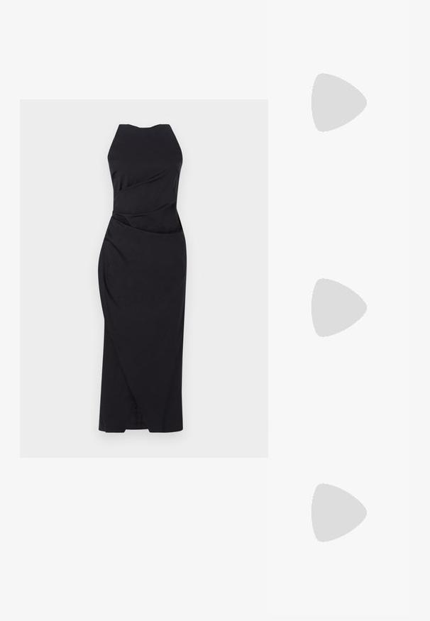 Marella ELEGIA - Koktélruha / Partiruha - nero; Fekete bőr slingback cipő hegyes orral, szőtt díszítéssel és redőzött felső dizájnnal. Lapos talp minimális hardverrel.; Tortámas kerettel készült napszemüveg, ovális forma, rózsaszín lencsék, arany díszítés a templomon, sima felület és ívelt szárak.; THEMOIRè PHOEBE KNOTS - Bevásárlótáska - black