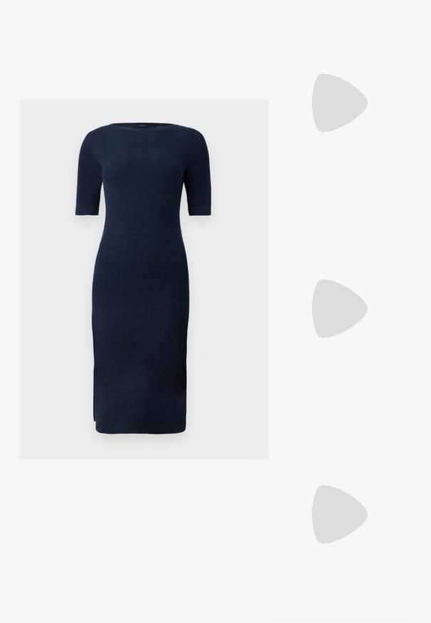 Navy blue knee-length knitted dress with elbow-length sleeves, round neckline, and side slit on plain background.; White high-heeled sandal with a chunky heel, featuring a strappy design and ankle tie. Smooth texture with a platform front for added height.; Oval glasses with a metallic silver frame, clear lenses, and textured beaded temple accents. Lightweight design with curved arms.; Black leather handbag with a curved shape, detachable strap, and gold hardware. The bag features a flap with a buckle detail.