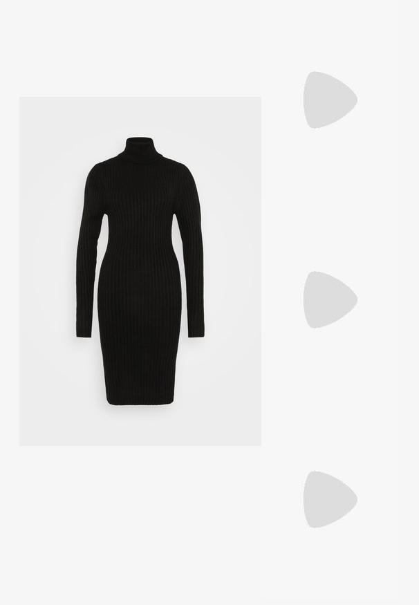 Juoda corrugavimo turtleneck suknelė ilgomis rankovėmis, prigludęs dizainas, iki kelių, tekstūruotas audinys ir besiūlė konstrukcija.; Juodos plokščios šlepetės su austais dirželiais, auksinės spalvos akcentais ir minimalistišku dizainu, turinčiu ploną padas ir reguliuojamą kulkšnies sagtį.; Juodos katės akies akinių nuo saulės su matinio paviršiaus danga, turinčiais pilkai tonuotus lęšius, aštriomis linijomis ir elegantiškomis šoninėmis kojelėmis. Prekės ženklas matomas vidinėje kojelėje.; Auksiniai auskarai su sklandžiu, apvaliu dizainu. Savybės: mažas uždarymo mechanizmas, lengvas įvaizdis ir poliruotas paviršius.