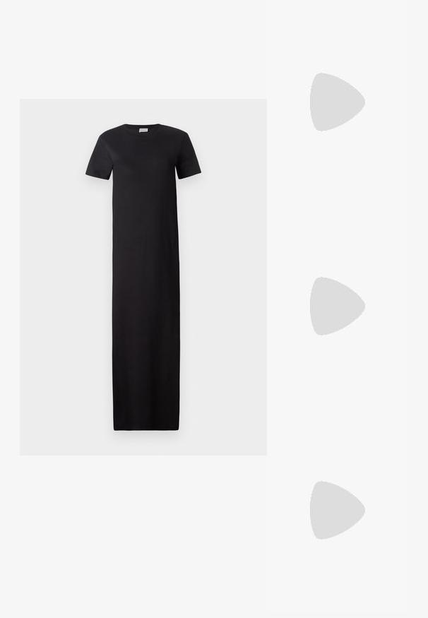 Rochie neagră, până la genunchi, dintr-un material moale. Are mâneci scurte, guler rotund și o siluetă dreaptă, fără modele suplimentare.; Paul Smith AMIRA - Pantofi clasici cu toc - black; Nanushka THE ORIGAMI LARGE - Geantă de pânză - off white/tan/creme; Broșă de culoare aurie cu un design împletit, având linii netede și curbe și o formă complexă, ce reflectă un finisaj lucios.