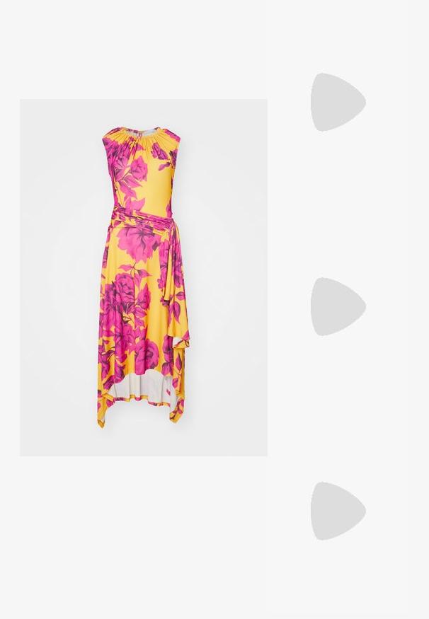 Floral maxi dress made of soft fabric, featuring bright yellow background, large pink flowers, cap sleeves, and asymmetrical hemline.; Stuart Weitzman EVA SLINGBACK - Classic heels - black; Black quilted leather handbag with a gold chain strap and a gold hardware clasp. Rectangular shape with a textured surface.; La Manso SQUARE 2 PACK  - Earrings - silver-coloured
