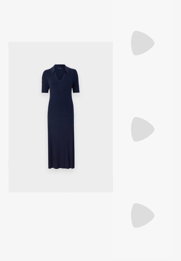 Navy blue ribbed knit dress with a polo collar, short sleeves, and a fitted silhouette, extending to mid-calf length.; Pointed-toe high heel shoe with a silver, gold, and nude color scheme. Glossy finish with cutout design, featuring a stiletto heel.; Silver metallic pouch bag with a soft, rounded shape and a knotted top closure. Made from smooth faux leather material.; Silver hoop earrings with a twisted design, featuring a polished finish and post-back closure. Measure approximately 3 cm in diameter.