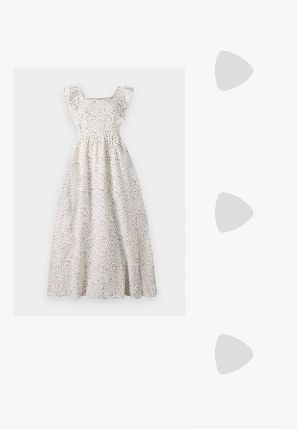 Gėlių maksi suknelė kremine spalva, su kvadratine iškirpte, pūstomis rankovėmis, elastinga juosmens dalimi ir išmėtytomis purpurinėmis ir žaliosiomis gėlių raštais.; Juodas lakuotas odinis batelis su smailiu pirštu, kulkšnies dirželiais su sidabrinėmis sagtimis ir detalėmis, bei plonu kulnu.; Aukso metalinės rankinės su struktūrizuotu dizainu, lygaus paviršiaus ir reguliuojama dirželiu. Pasižymi unikaliu trikampiu pavidalu ir minimalizmu siuvinėjime.; Auksinės auskarai, turintys tekstūruotus, bangų formos elementus. Įeina skulptūriniai segami auskarai ir atviri lankai su išmuštu paviršiumi.