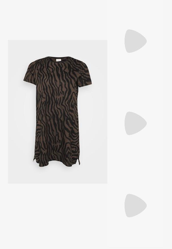 Short-sleeve dress featuring a brown and black tiger stripe pattern, with side slits at the hem, displayed on a plain white background.; Black patent leather slingback heels with a pointed toe and a geometric block heel. Features a sleek, minimal design and smooth texture.; Black leather handbag with a curved shape, detachable strap, and gold hardware. The bag features a flap with a buckle detail.; Gold-tone ring featuring an organic, twisted design with smooth texture and tapered ends, creating a modern, sculptural appearance.