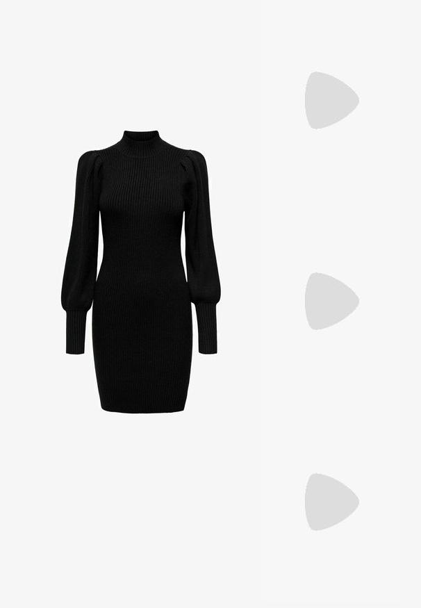 Black knitted dress with a high neck, long puff sleeves, and ribbed texture. Form-fitting shape, reaching mid-thigh. No visible patterns or accents.; Black patent leather slingback pump with a pointed toe, cutout sides, adjustable ankle strap, and a thin, sleek heel.; Cat-eye sunglasses with a matte black plastic frame, dark lenses, and a gold logo accent on the temple. Angular design and smooth texture.; Michael Kors wristlet in beige coated canvas featuring a repeating MK logo pattern, gold hardware, and a detachable chain strap.