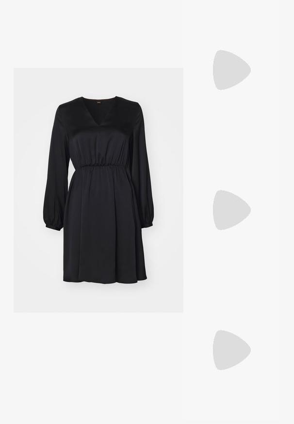 Black satin dress with a V-neckline, long puff sleeves, and a cinched waist. Smooth texture, flowing design, knee-length hem.; Black high-heeled sandals feature thin straps with a knotted design, a smooth square toe, and a sleek stiletto heel.; Gold handbag with an intricate beaded texture, triangular logo accent, and a metallic chain strap. Rectangular shape, sleek design.; Silver hoop earrings with a smooth, shiny finish. Rounded shape, lightweight design, featuring a post-back closure.