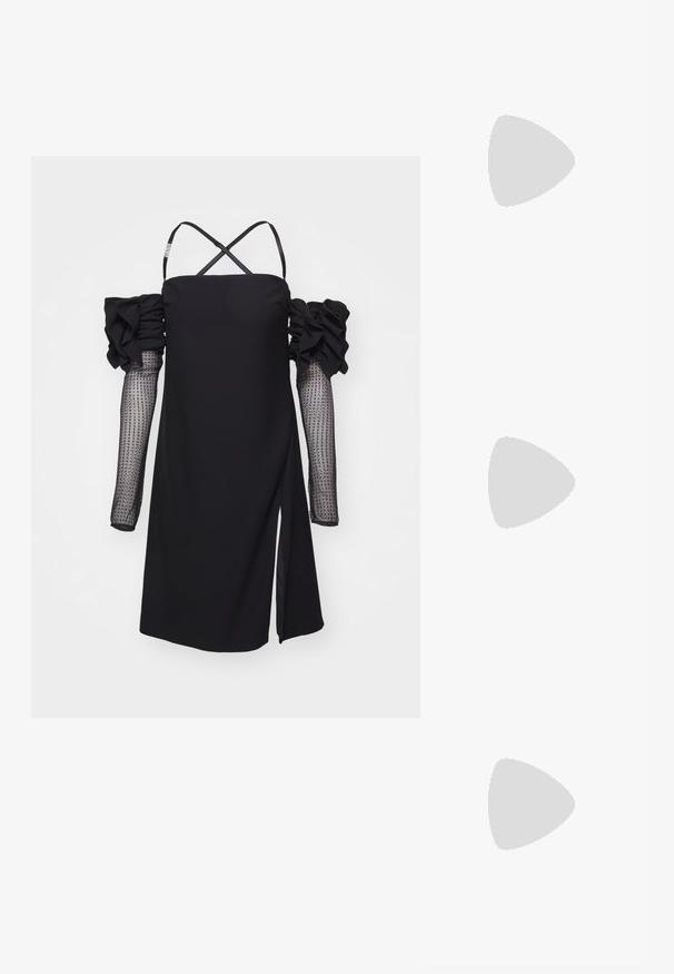 Black dress with ruffled off-shoulder sleeves and sheer dotted long sleeves. Features a side slit and crisscross straps at the back.; Black leather ballet flats with a pointed toe, featuring a strap with a circular metallic buckle and a flat sole.; Versace MEDUSA BIGGIE - Sunglasses - gold-coloured/gold-coloured; Three pairs of earrings: large white pearl studs, gold hoops with clear gemstones, and two long, straight gold accent earrings with sparkly details.