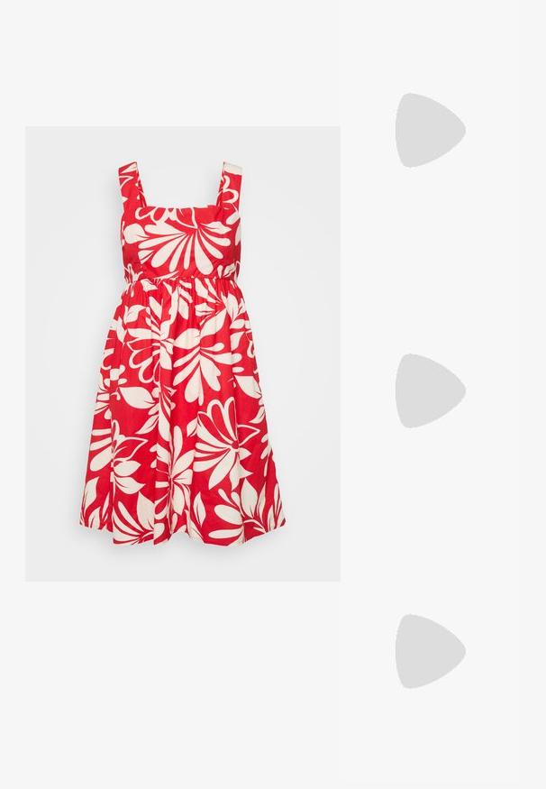 Sarkans kokvilnas kleita ar kvadrātveida izgriezumu, platām plecu siksnām un baltiem ziedu rakstiem. Svārki ir savākti papildu apjomam.; Melnas strappy sandales ar kvadrātveida purngaliem un zemu bloku papēdi. Ievērojamas ar vairākiem plāniem siksniņām un regulējamu potītes siksniņu. Izgatavotas no gludas ādas.; Melna ādas crossbody soma ar gludu faktūru, taisnstūrveida formu un metalizētu ķēdes detaļu priekšā. Iekļauta regulējama siksna.; Sudraba divu joslu gredzens ar gludu, pulētu virsmu. Iezīmējas ar plūstošu, izliekta dizaina struktūru ar pārklājošām sekcijām modernam izskatam.