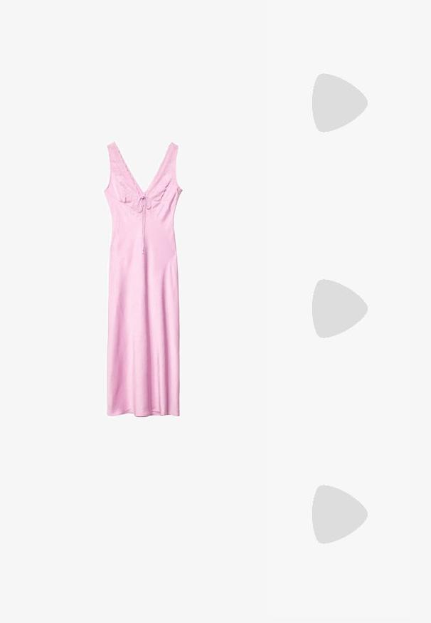 Pink, sleeveless maxi dress with a V-neck, lace trim, and a bow tie detail at the front. Made from a smooth, textured fabric.; White and silver New Balance sneakers with black accents and laces, featuring a mesh upper, cushioned sole, and dynamic design.; Black plastic sunglasses with green lenses, featuring an oval shape and gold logo detail on the temples. Smooth texture and shiny finish.; Michael Kors wristlet in beige coated canvas featuring a repeating MK logo pattern, gold hardware, and a detachable chain strap.