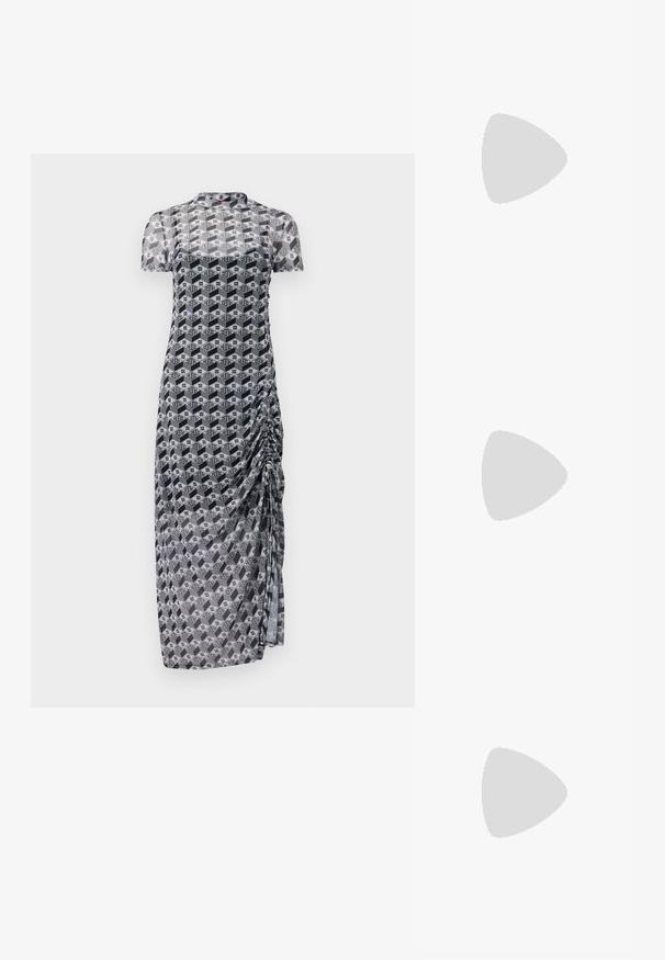Sheer, short-sleeve dress with a geometric black and white pattern. Features ruching on one side and a straight silhouette.; Black high-heeled sandals feature thin straps with a knotted design, a smooth square toe, and a sleek stiletto heel.; Light gray metallic handbag featuring a chain strap, embellished with small circular metallic studs and a triangular brand logo.; Silver hoop earrings with a smooth, shiny finish. Rounded shape, lightweight design, featuring a post-back closure.